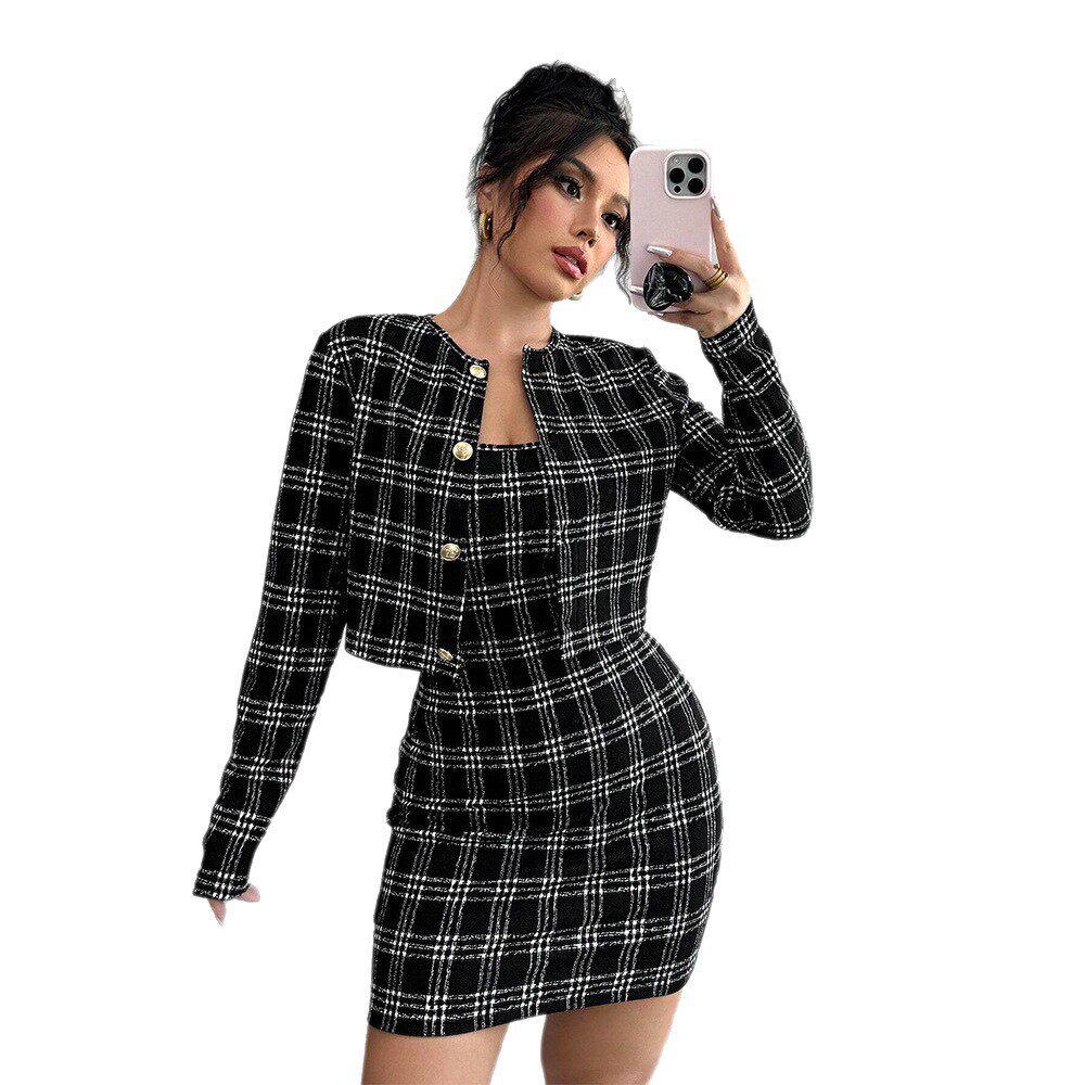 Black and White Plaid Two Piece Set Slim Fit Waist Cinching Elegant Style Perfect for Parties and Social Events