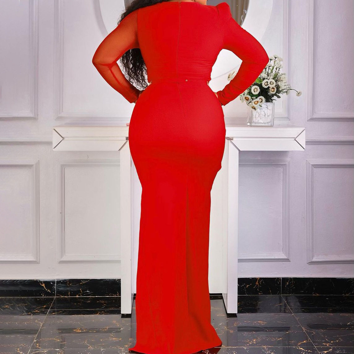 Plus Size Fashion Maxi Dress Sheer Paneling Solid Color Elegant Split Design Evening Wear Special Occasions