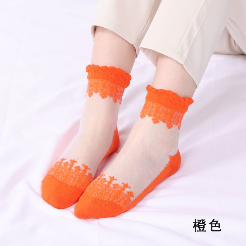 春季薄款中筒袜棉底玻璃丝袜子女蕾丝花边短款袜子防滑透气水晶袜