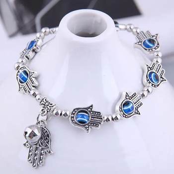 AliExpress Hot Selling Retro Hand of Fatima Bell Pendant Alloy Bracelet Devil's Eye Lucky Tassel Jewelry