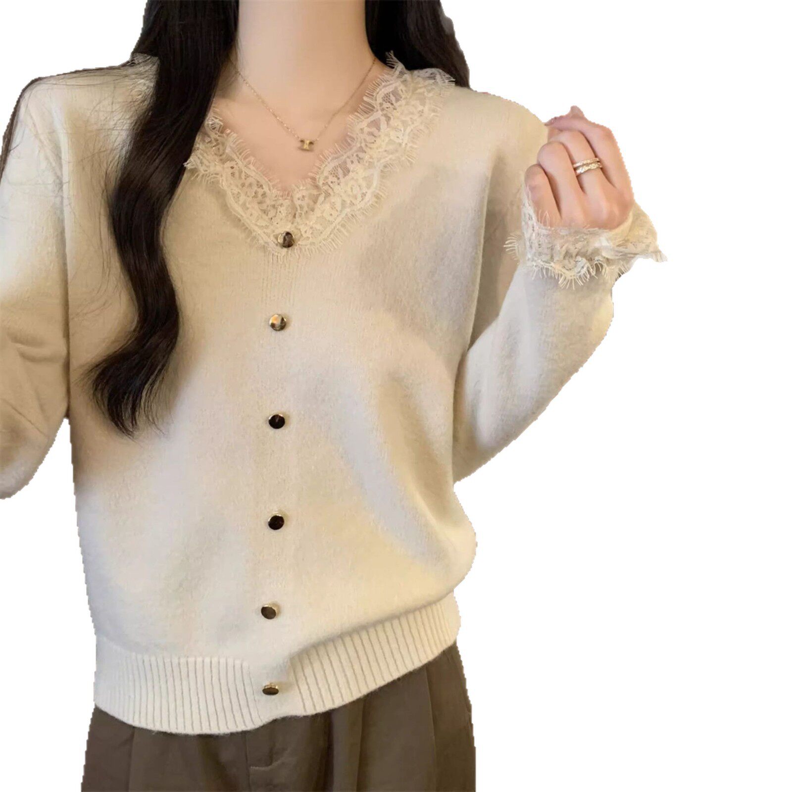 设计感v领毛衣女春秋蕾丝打底衫女内搭可外穿独特超好看针织上衣