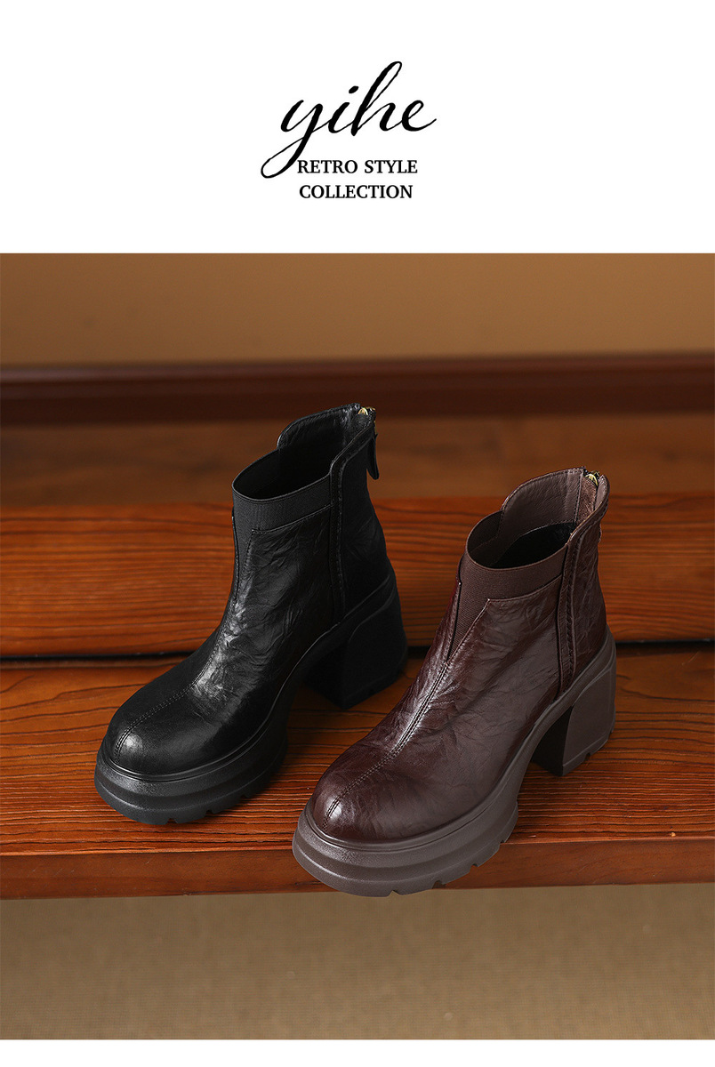 Boot Martin nữ đế dày gót thô 8cm khóa kéo sau dáng ôm chân — Lớp lót đơn màu đen, Lớp lót đơn màu nâu, Lót nhung đen, Lót nhung màu nâu