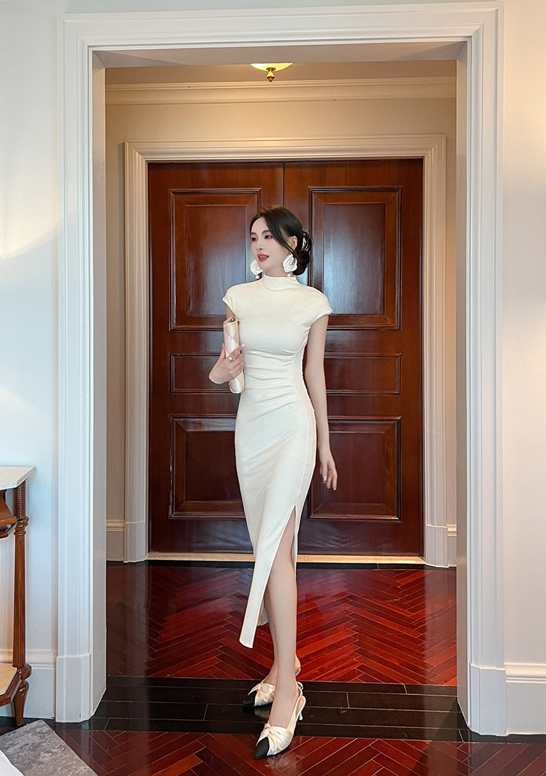 Đầm ôm body nữ cổ cao dáng dài mùa hè — [杏色], [黑色], [茶色], [红色] chi tiết 32