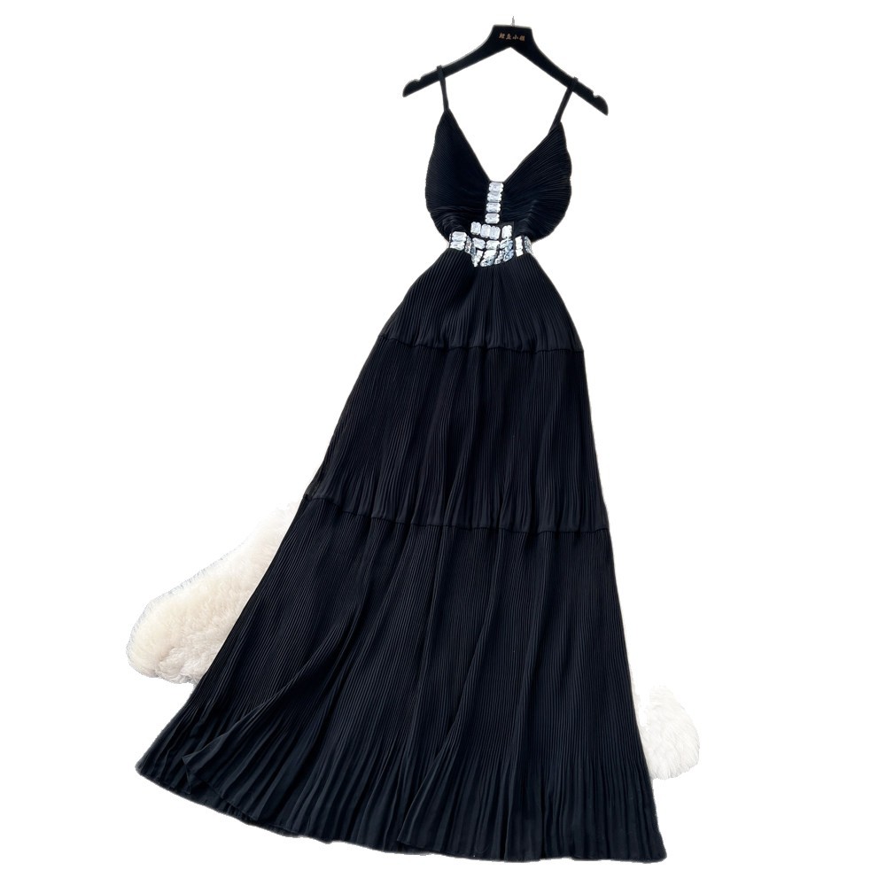 French Style Pleated Maxi Dress for Women Sleeveless Waist Defining Flowy Elegant Summer Vacation Wear Wholesale