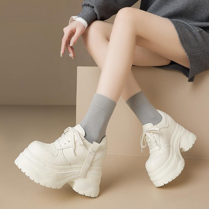 Giày sneaker nữ da bò thật đế dày tăng chiều cao 12cm dáng dad shoes buộc dây — Màu đen, Màu trắng