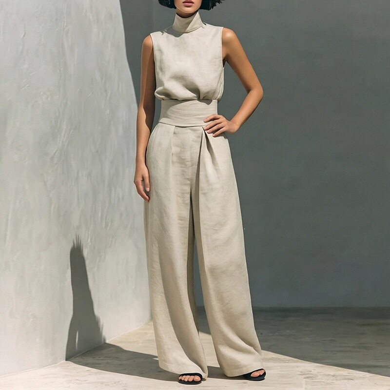 Womens Spring Outfit Set Elegant Solid Color High Neck Sleeveless Straight Leg Pants Perfect for Casual or