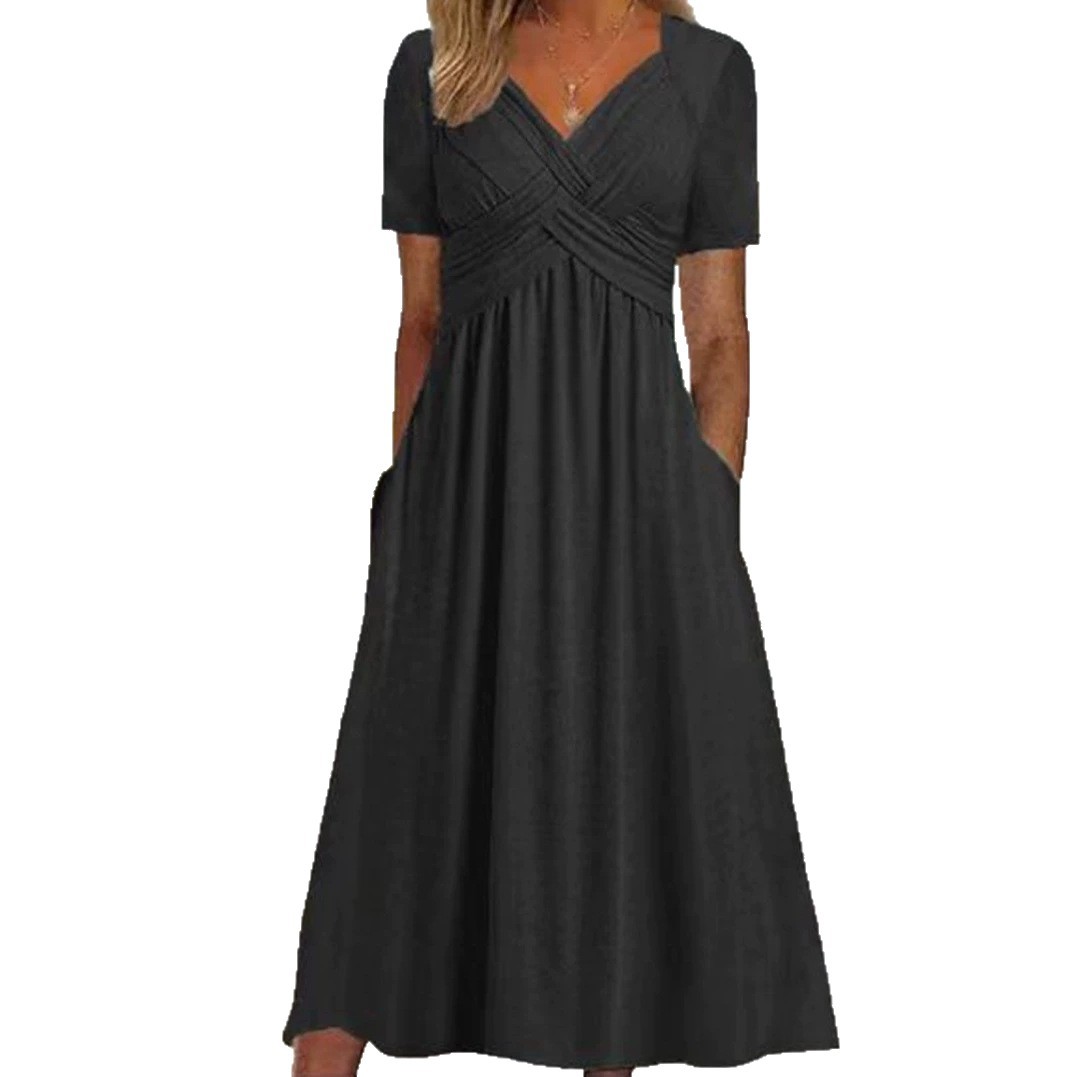 Summer Casual Solid Color V Neck Short Sleeve Pocket Dress for Women Trendy Comfortable Versatile Wholesale Available