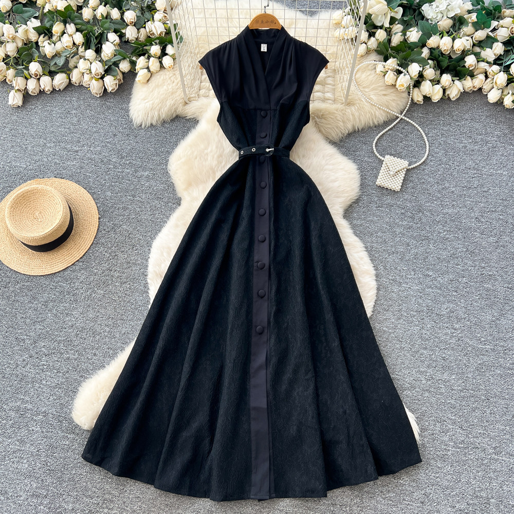 Sleeveless French Elegant Dress Button Closure Waist Defining Slim Fit Long Length Summer Office Wear for Women