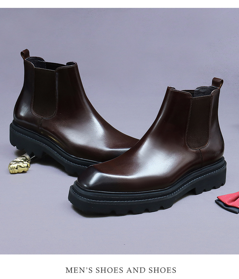 Boot Chelsea nam da bò cổ thấp đế dày phong cách công sở — Lớp lót lông cừu màu nâu cà phê, Màu đen, Lót lông cừu màu đen, Màu cà phê