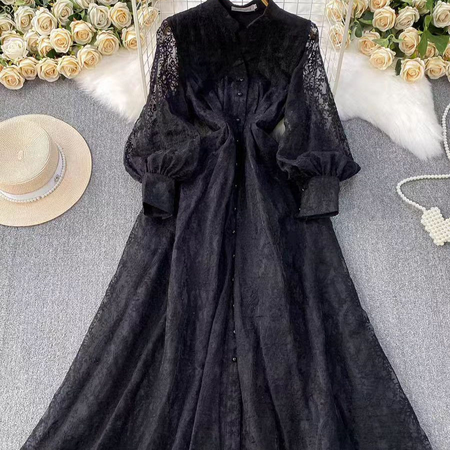 French Vintage Elegant Dress High End Aesthetic Stand Collar Single Breasted Embroidered Waist Defining Evening