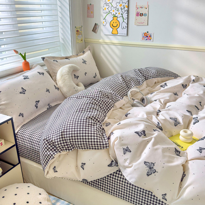 Category a Maternal and Infant Grade Ins Cartoon Quilt Cover Four-Piece Set Pure Cotton Thickeneded Washed Cotton Bed Sheetss Pure Cotton Dormitory Three-Piece Set