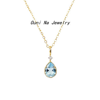 S925 Sterling Silver Plated 14K Gold Sky Blue Topaz Pendant Clavicle Chain Water Drop Style Retro High-grade Necklace