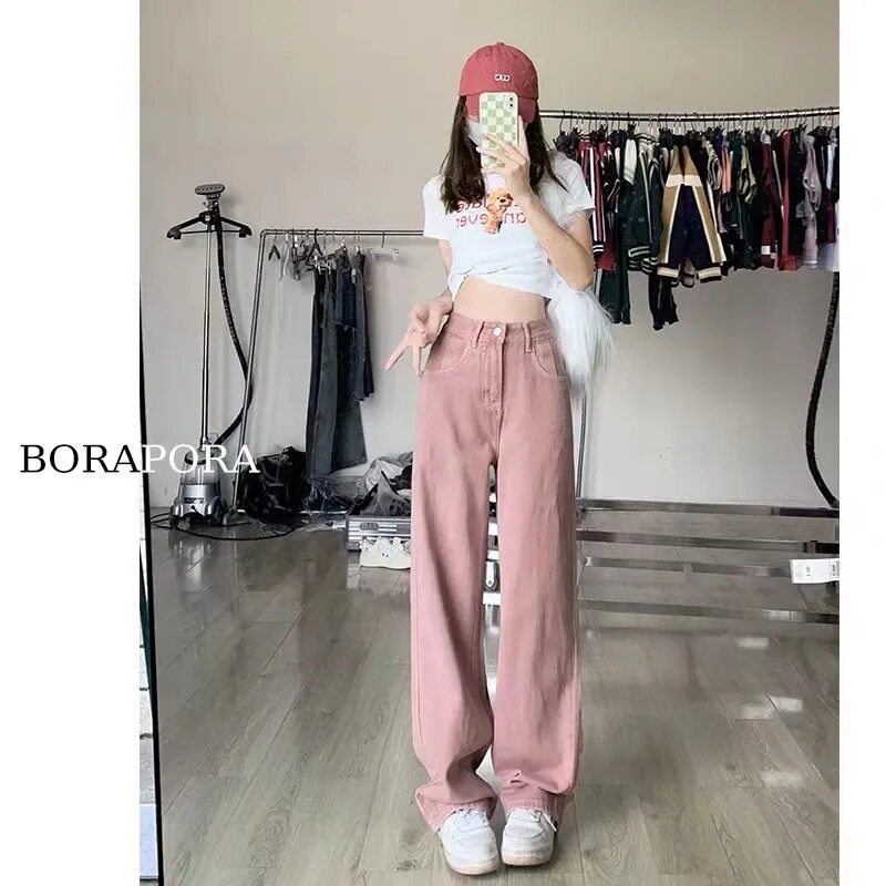 High Waisted Wide Leg Jeans for Women Dusty Pink Loose Fit Plus Size Street Style Perfect for Spring and Autumn