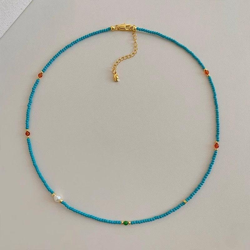 Ultra-Fine Natural Freshwater Small Pearl Turquoise Head Beaded Necklace Women's Accessible Luxury High-End Niche Clavicle Chain Accessories