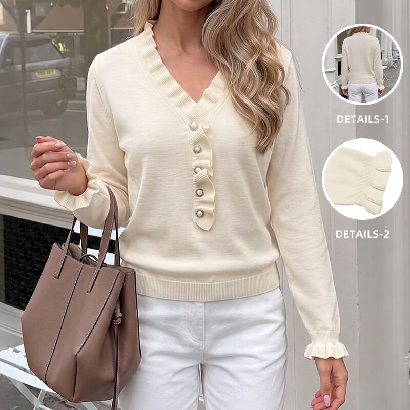 Knit Sweater Solid Color Ruffle Trim V Neck Pearl Button Detail Korean Style Casual Wear Wholesale Available