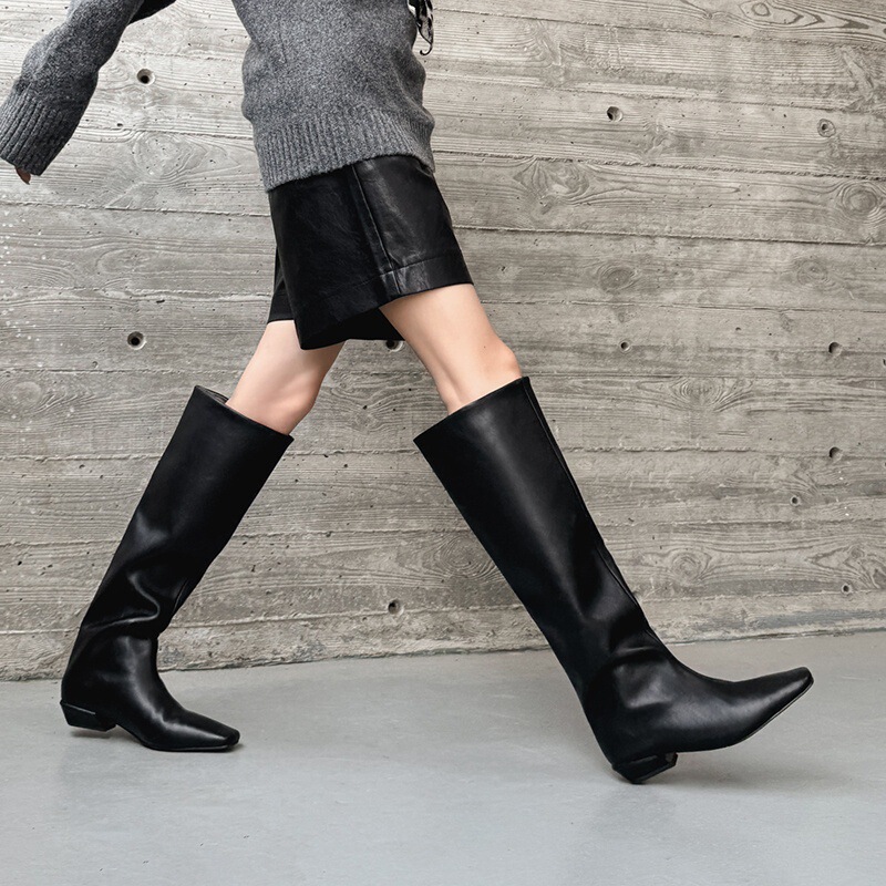 Boot cao cổ nữ da bò mũi vuông gót thấp phong cách thanh lịch — màu đen, Màu đỏ rượu