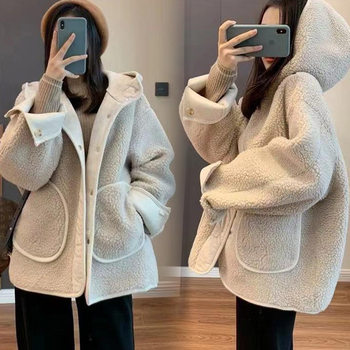 2025 Autumn and Winter Maternity Wear New Thickened Hooded Imitation Lamb Wool Jacket Thickened Double-Sided Velvet Maternity Windbreaker