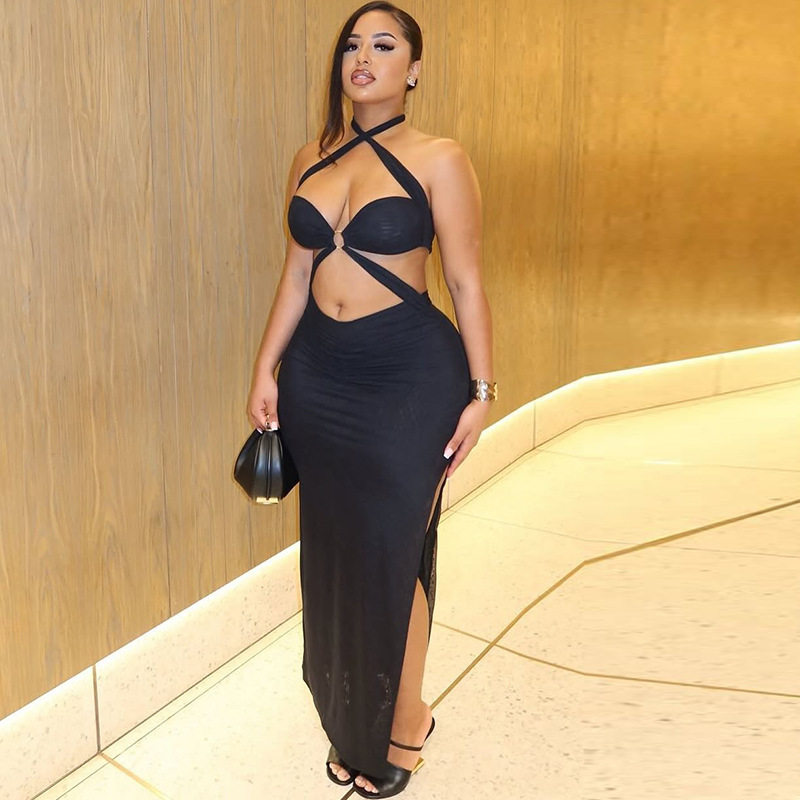 Fashionable Solid Color Bodycon Dress Sexy Ruched Design Halter Neck Backless Perfect for Parties and Night Out