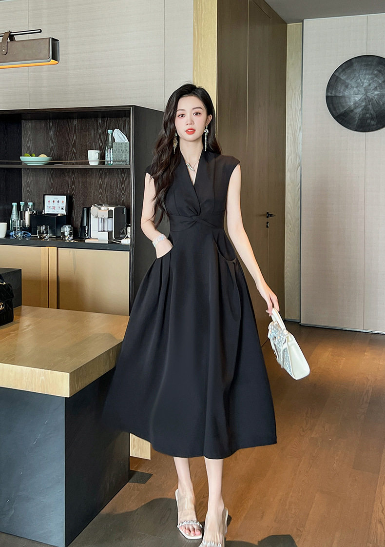 Đầm maxi nữ thắt eo cổ V tay ngắn có túi — [Đen] chi tiết 8