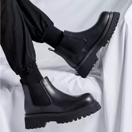 Chelsea boots men's 2023 New genuine leather high-top Martin boots thick bottom increased British style Youth round toe short boots
