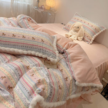 Version a Pure Cotton Double-Layer Yarn Version B Milk Velvet Cute Fur Ball Four-Piece Set Student Dormitory Three-Piece Bedding Set