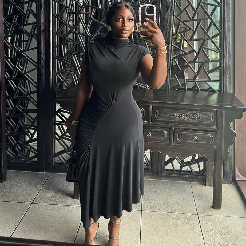Womens Elegant Solid Color Sleeveless Dress Round Neck Irregular Hem Chic Style Perfect for Casual or Formal