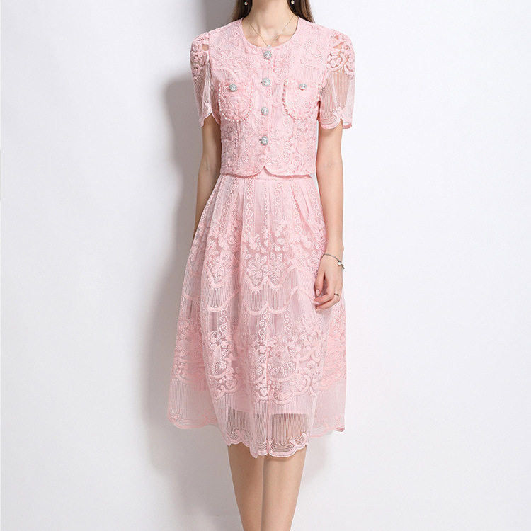 Lace Embroidery Two Piece Set Elegant Top and Midi Skirt Summer Fashion for Petite Women Wholesale Available