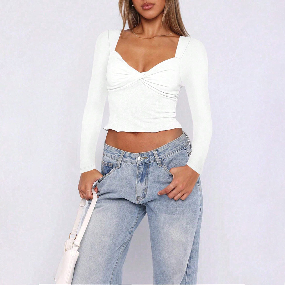 Slim Fit Long Sleeve Crop Top Solid Color Sexy Design Spring Summer Style Wholesale Available