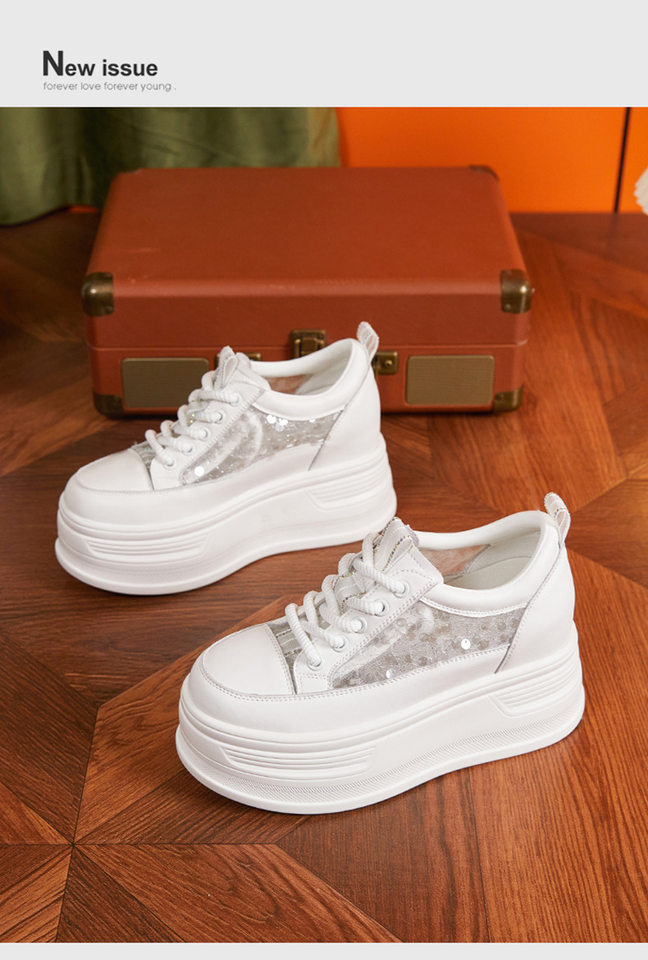 Giày sneaker nữ chunky đế dày lưới thoáng khí phong cách platform — Trắng, Đen chi tiết 12