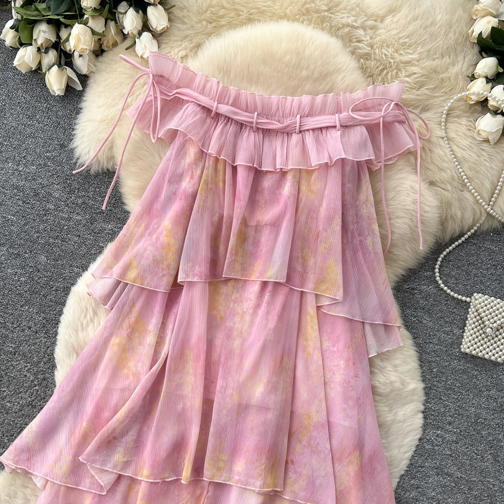 French Vacation Style Pink Ruffle Hem A Line Dress Sleeveless Off Shoulder Elegant Design Perfect for Summer Events