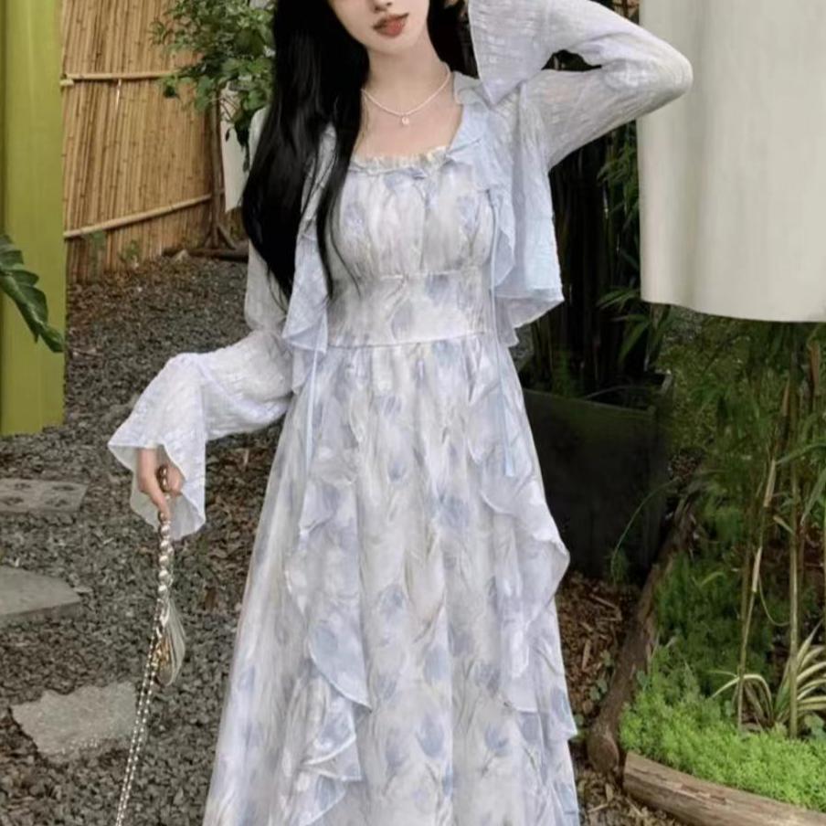 Lace A Line Midi Dress with Waist Tie Floral Print for Summer Vintage Style Wholesale factory direct