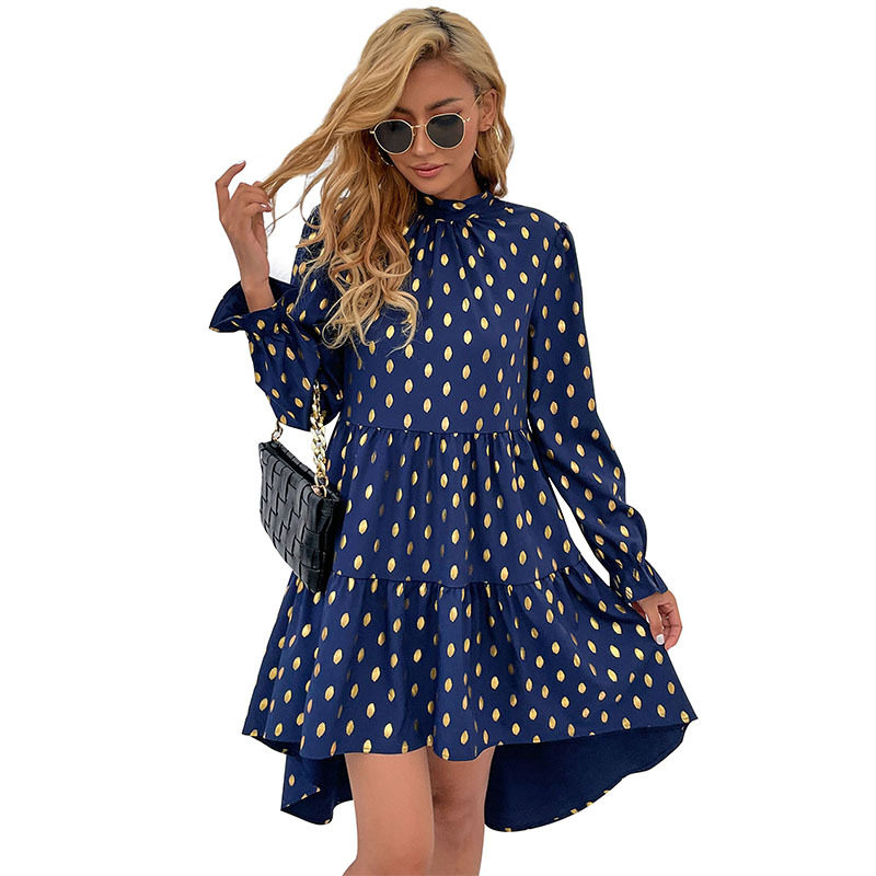 Polka Dot Midi Dress Gold Foil Print Loose Fit Half Turtleneck Casual Wear for Women Wholesale Available