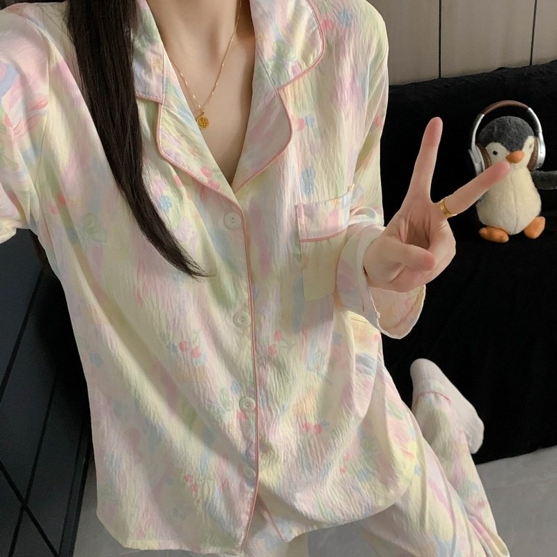 带胸垫大码睡衣女春秋季长袖甜美少女草莓条纹家居服套装现货跨境