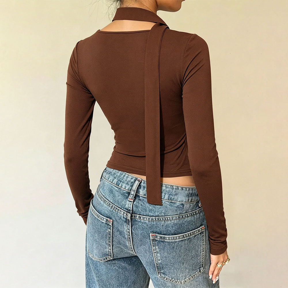 American Style Long Sleeve Crop Top Square Neck Slim Fit Adjustable Tie Soft Fabric Casual Wear for Women OEM