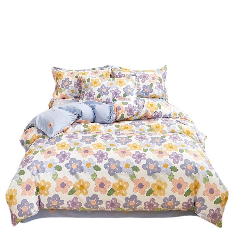 100% Cotton Four-Piece Set for All Seasons, Small Fresh Student Dormitory Quilt Cover, Bed Bed Sheets, Quilt Three-Piece Set, Thin Style