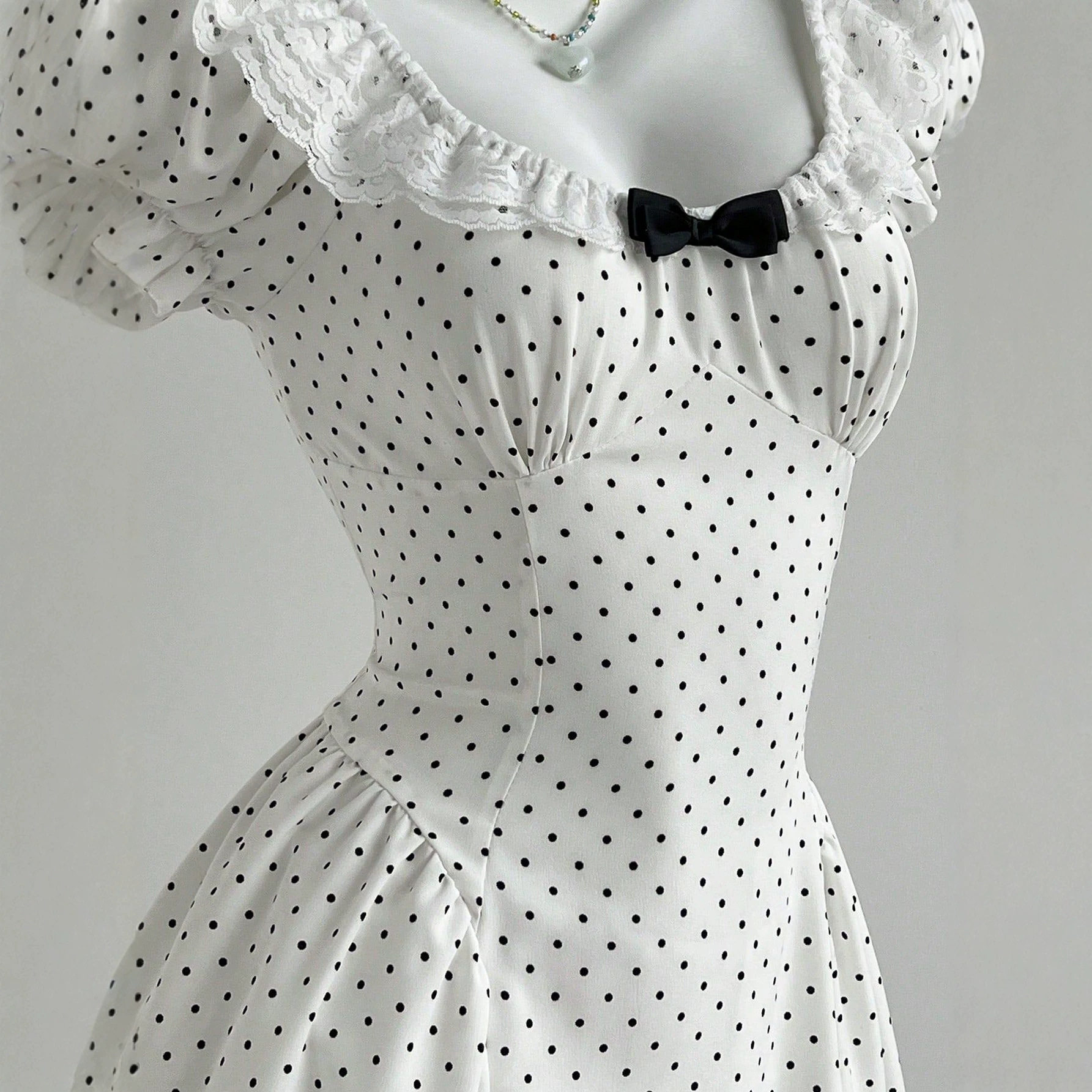 Polka Dot Puff Sleeve Dress with Bow Tie Summer Style Waist Defined Casual Wear Ready to Ship Low MOQ