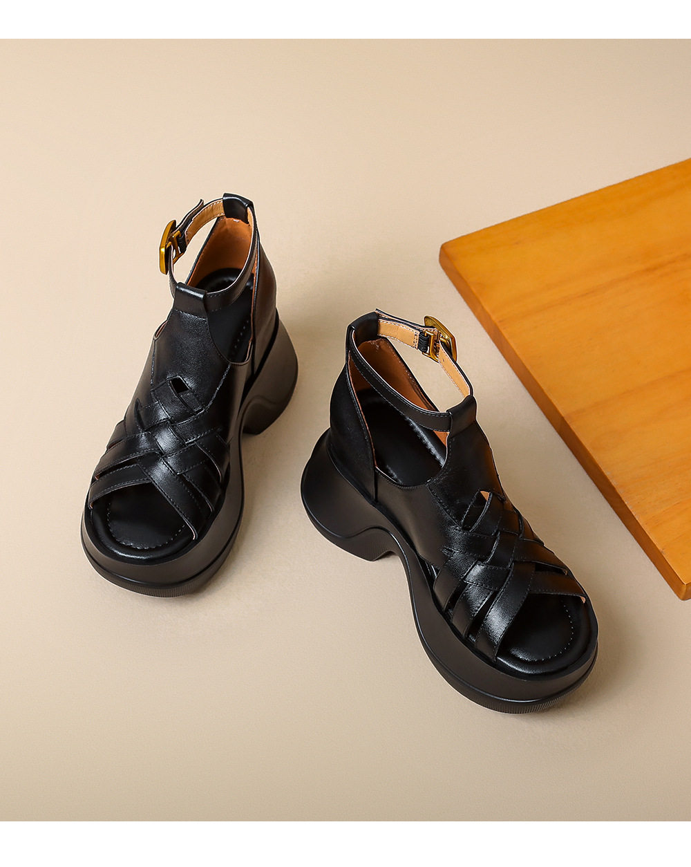 Sandal nữ da bò đan kiểu retro, gót đế xuồng 8 cm, hở mũi — [Đen], [Trắng kem] chi tiết 14