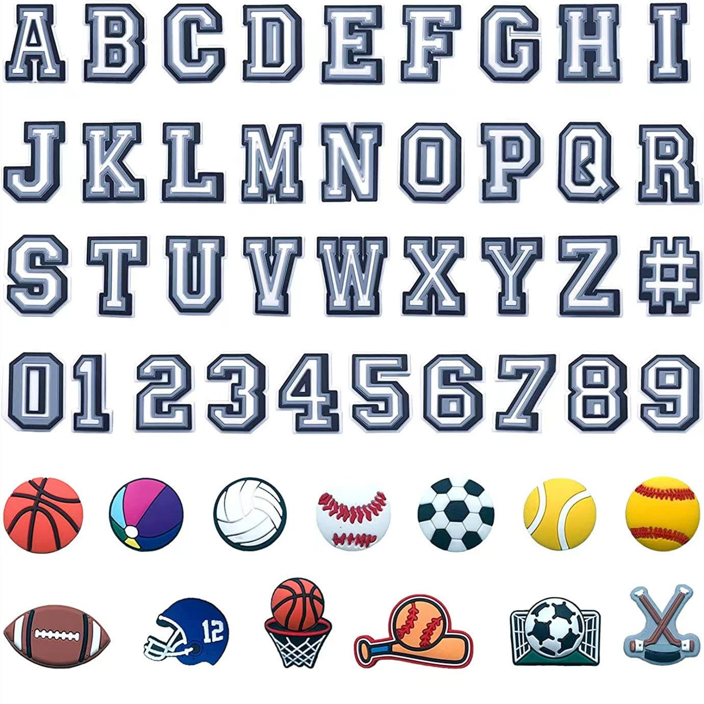 Cross-border pvc black and white gray letter shoes flower shoe buckle digital hole shoes diy accessories hole shoes decoration wholesale accessories