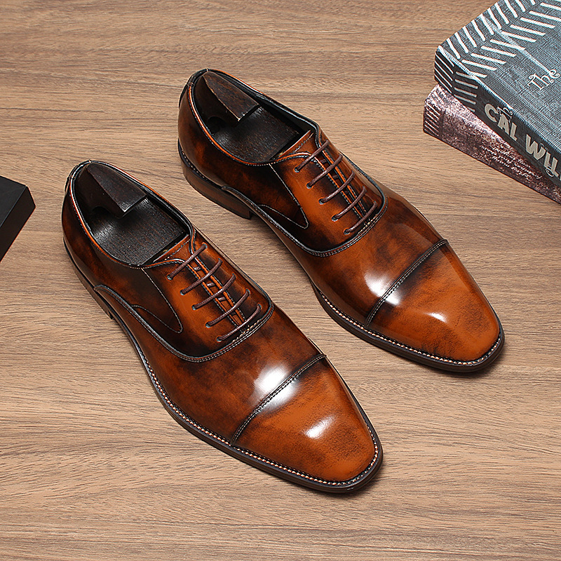 Giày Oxford nam da bò thật đánh màu thủ công, giày công sở dự tiệc — Xanh ngọc lam, màu đen, Màu đỏ rượu, Màu nâu vàng