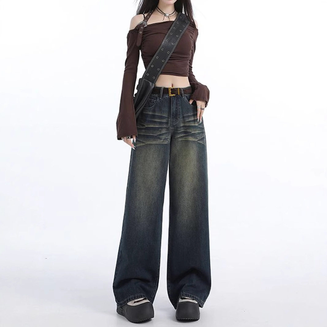 Vintage Style Wide Leg Jeans for Women Retro Fashion Casual Fit High Waist Denim Fabric Perfect for Everyday Wear