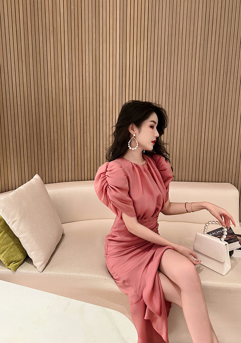 Đầm suông nữ midi cổ tròn tay bồng đuôi cá — [Hồng] chi tiết 8