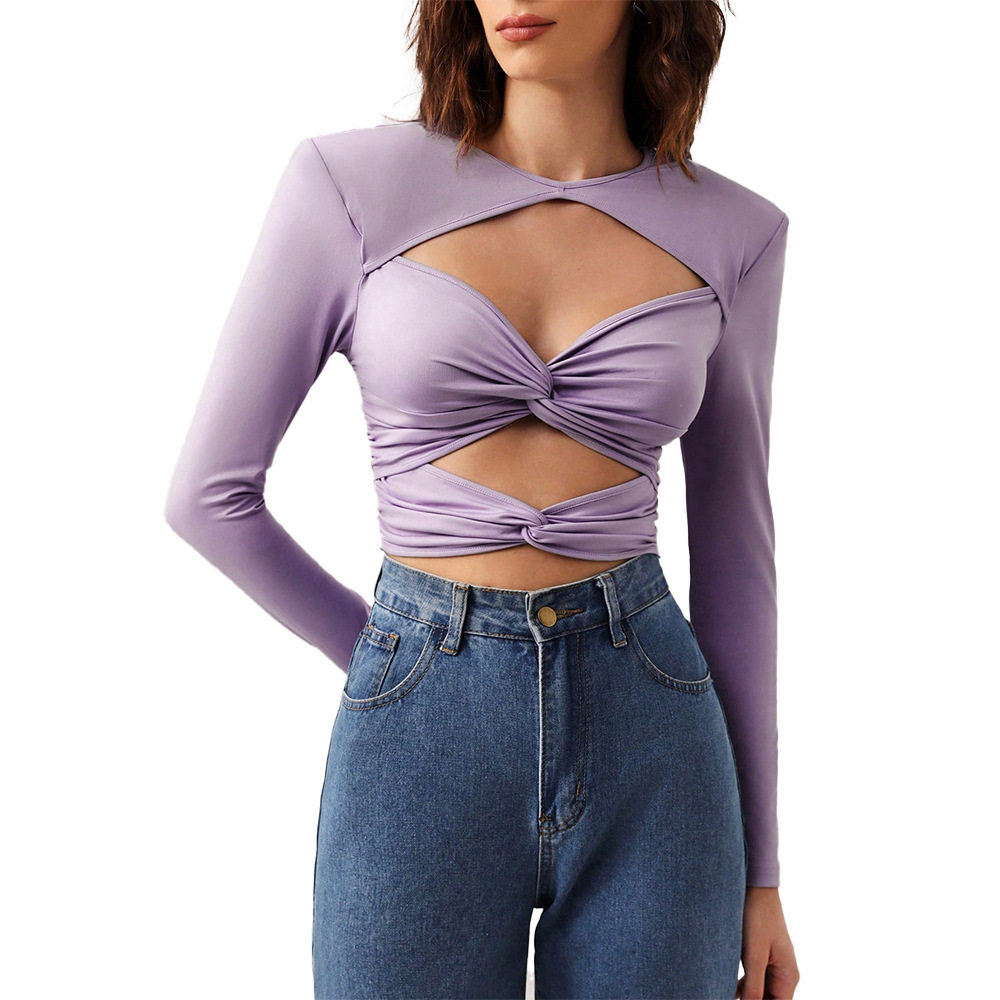 Sexy Hollow Out Long Sleeve Crop Top Slim Fit Milk Silk Fabric Trendy Design Perfect for Parties or Night Out