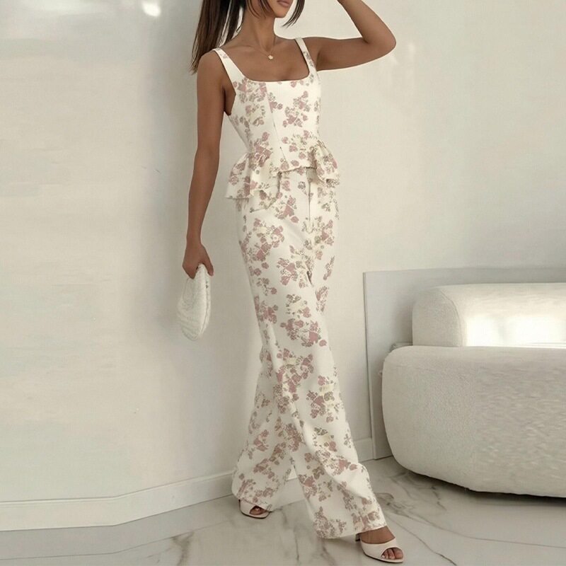 Womens Summer Casual Set Stylish Floral Print Ruffle Hem Sleeveless Design Perfect for Vacation or Everyday Wear