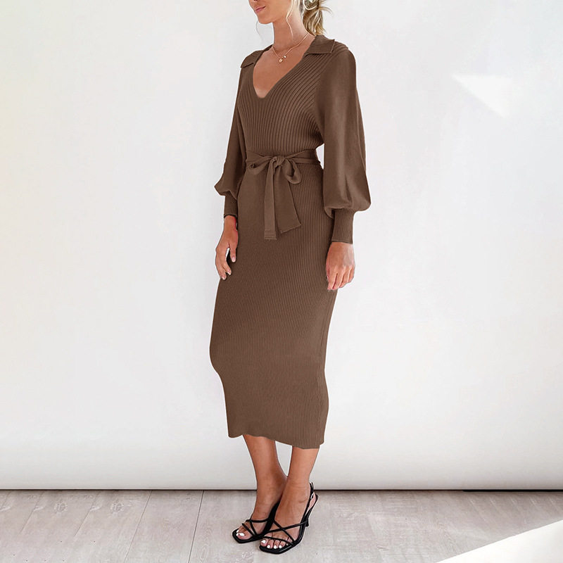 Knitted Sweater Dress Lantern Sleeve Solid Color Vintage Style Autumn Winter Fashion Wholesale Available
