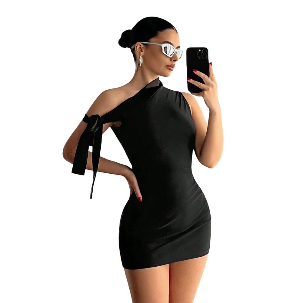Summer Womens Bodycon Dress Solid Color Asymmetrical Shoulder Sleeveless Comfortable Fit Perfect for Parties or