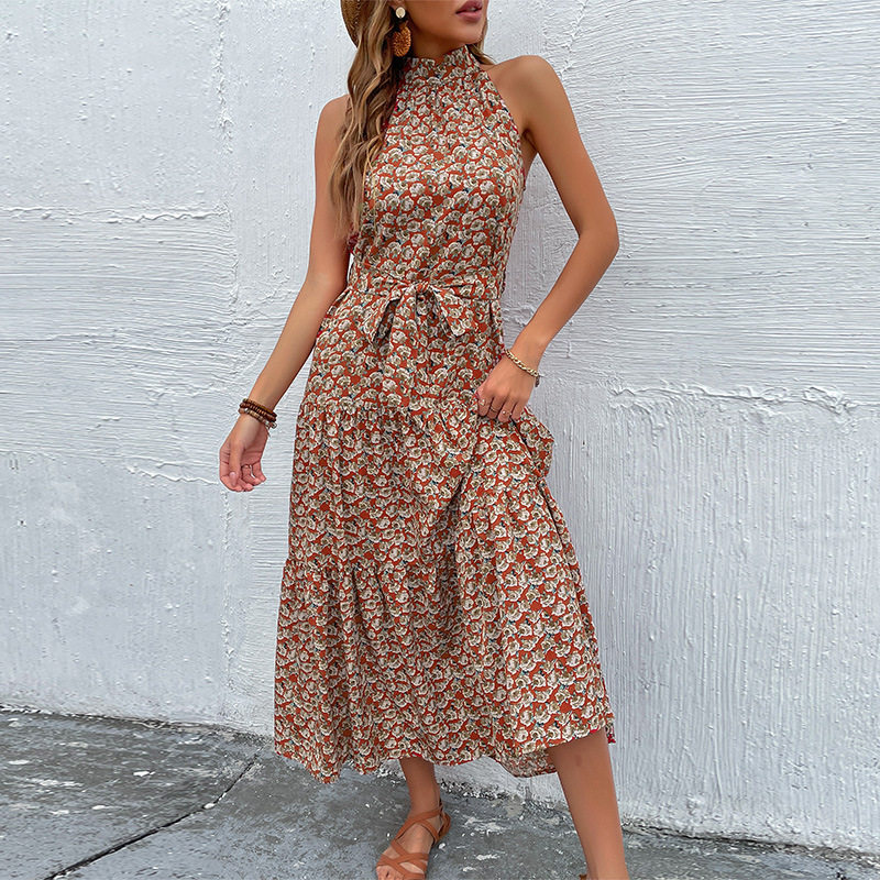 Floral Midi Dress Slim Fit Halter Neck Romantic Style Perfect for Vacation or Casual Outings Wholesale Available