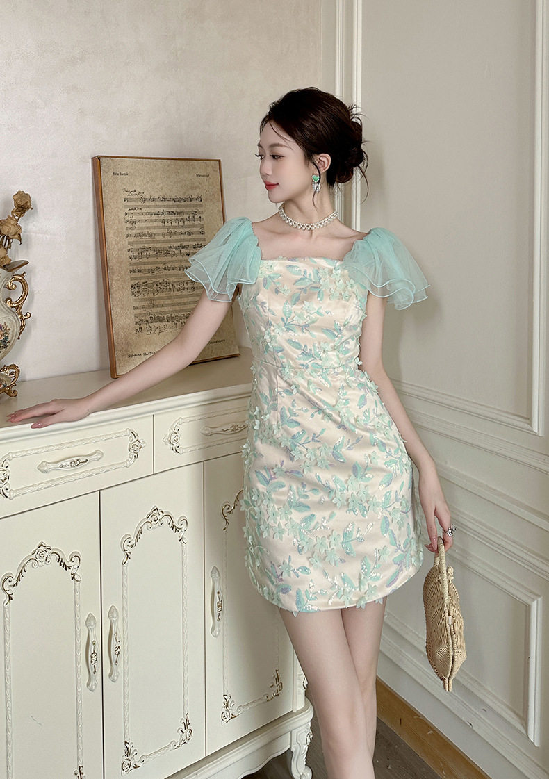Đầm midi suông tay bồng cổ vuông phong cách Pháp cho nữ teen — [Xanh lá] chi tiết 9