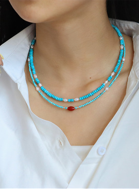 阿勒泰的蓝天。轻奢绿松石天然淡水珍珠项链女百搭小众简约锁骨链