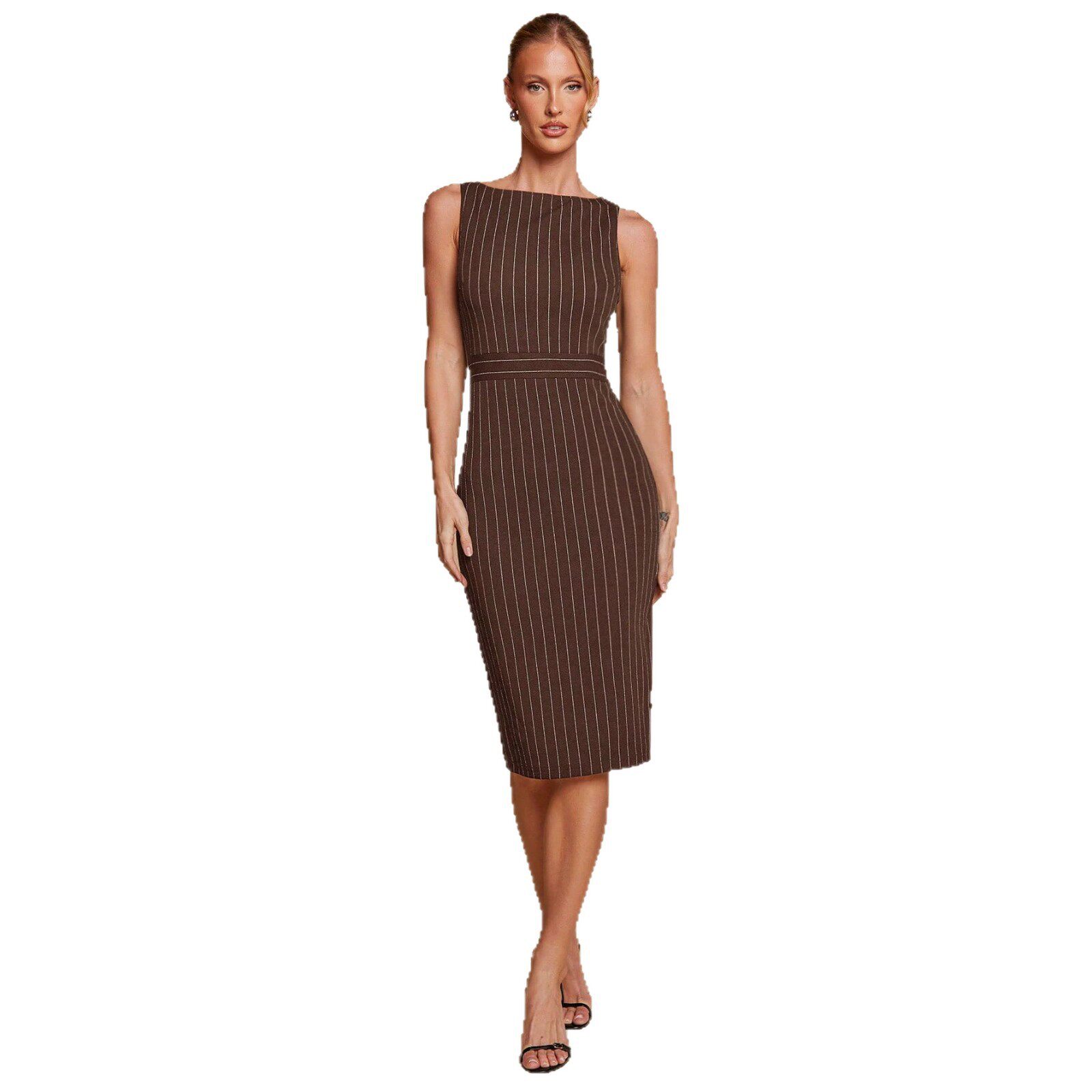 Fashionable Striped Bodycon Dress Sleeveless Waist Cinching Back Slit Mid Length Perfect for Parties and Events