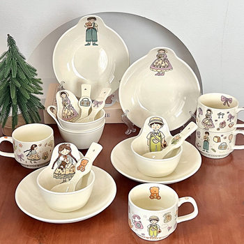 A Family of Four Series of Tableware Cream-Colored Household Rice Bowls, Plates, Bowls, Cups, Ceramic High-Value Sets